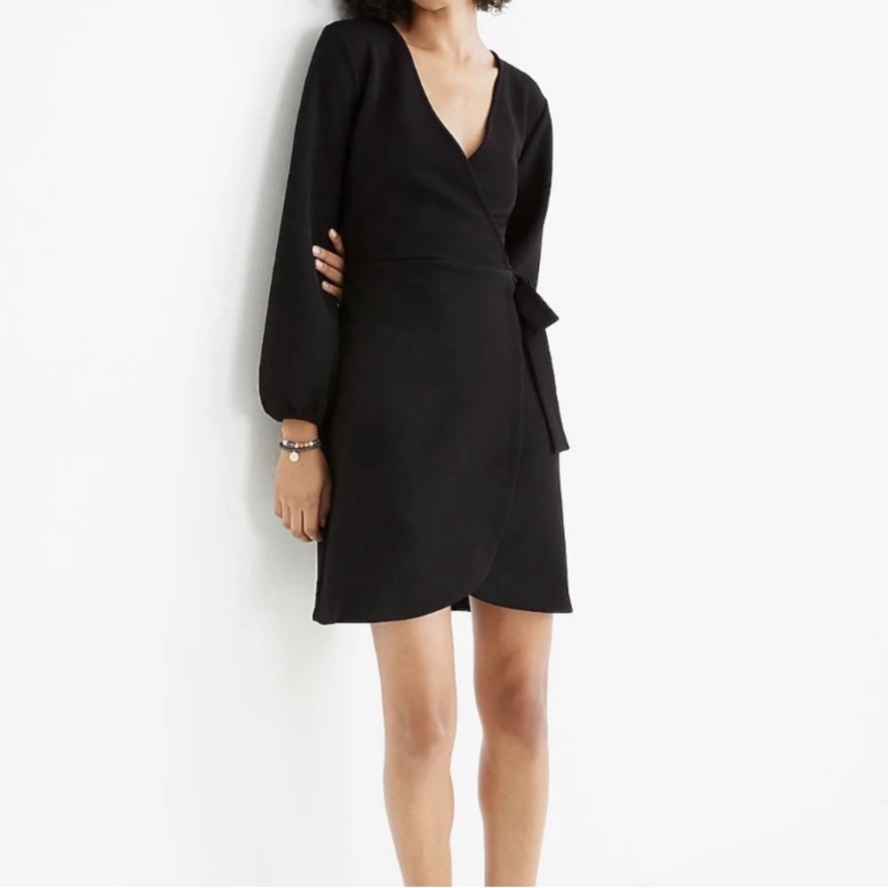 Madewell Black Long-Sleeve Side- Tie Faux Wrap Dress Size XS Dark Romantic Y2K